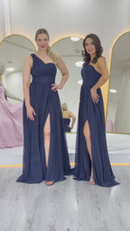 Lacivert Tek Omuz Piliseli Kloş Abiye Elbise