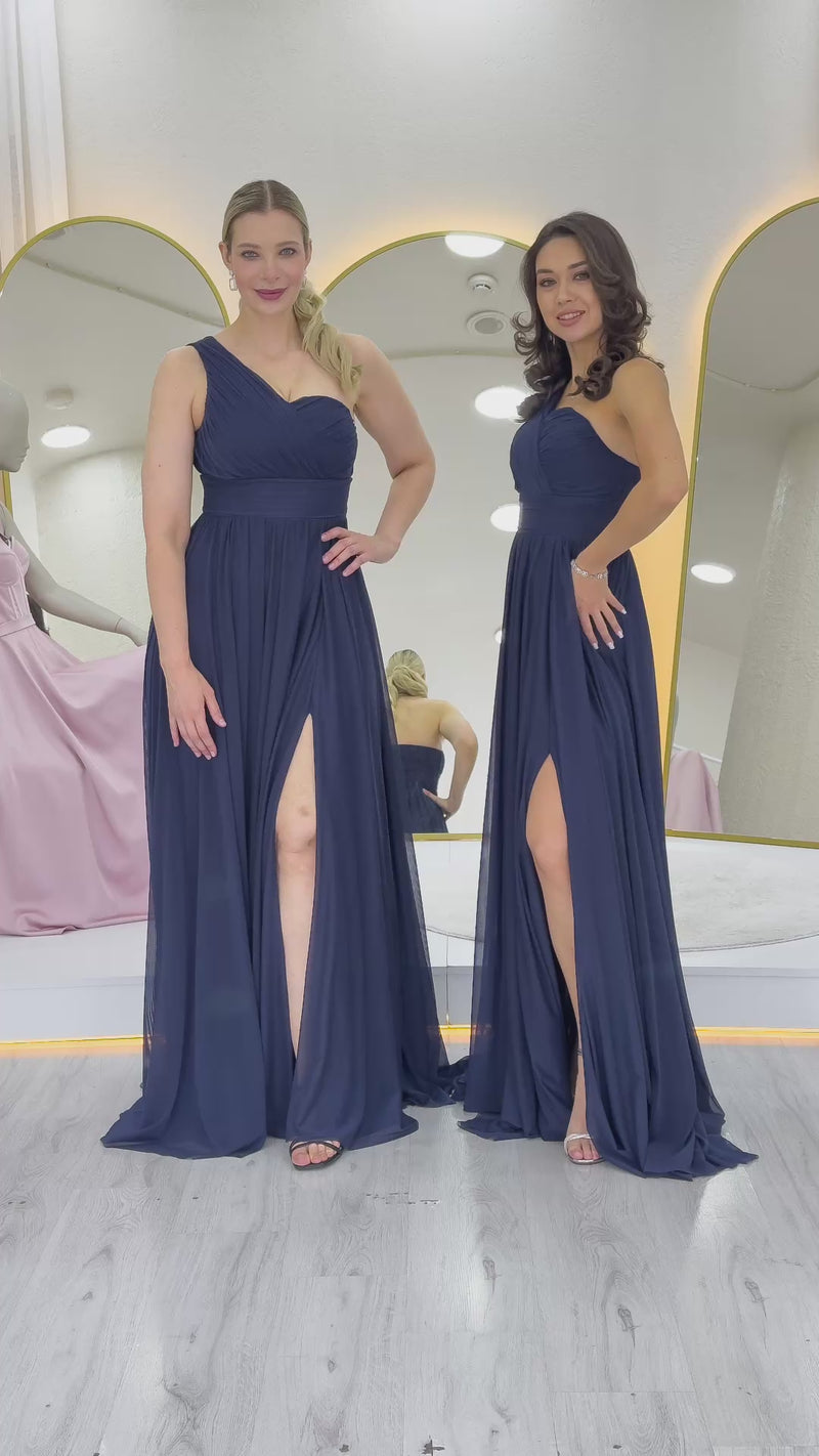 Lacivert Tek Omuz Piliseli Kloş Abiye Elbise