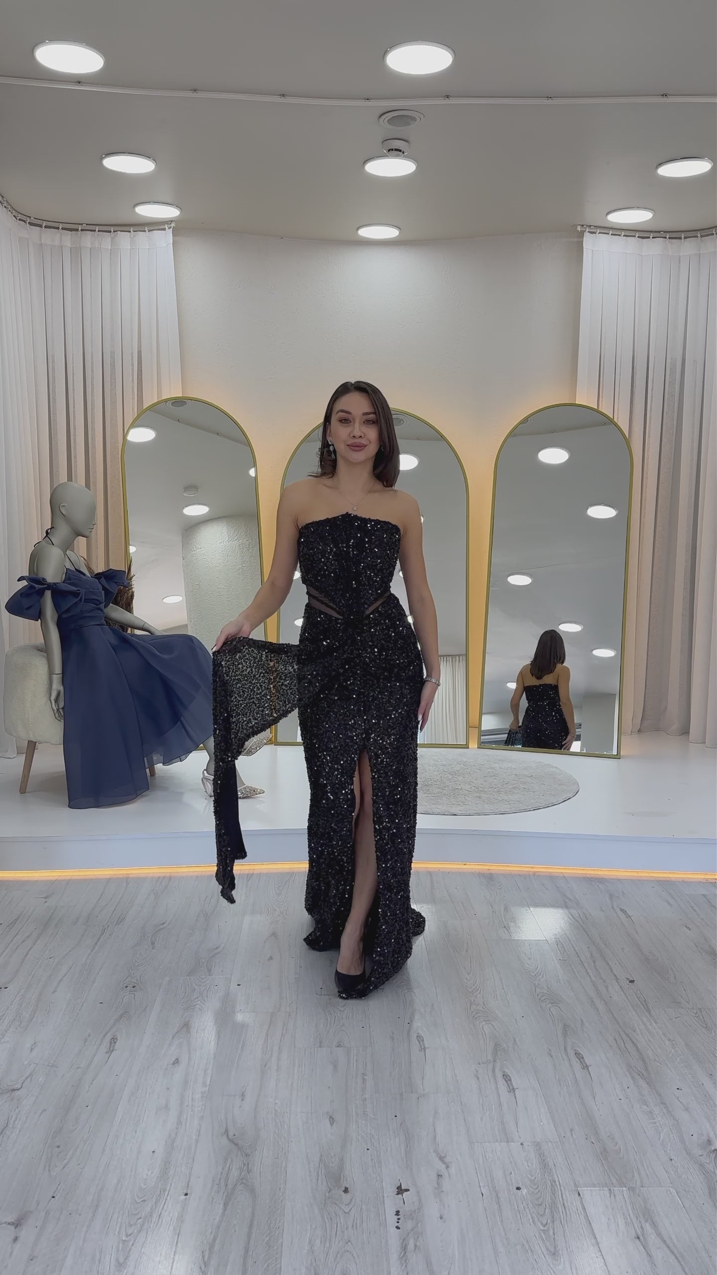 Straplez Bel Dekolteli Pul Payet Abiye Elbise