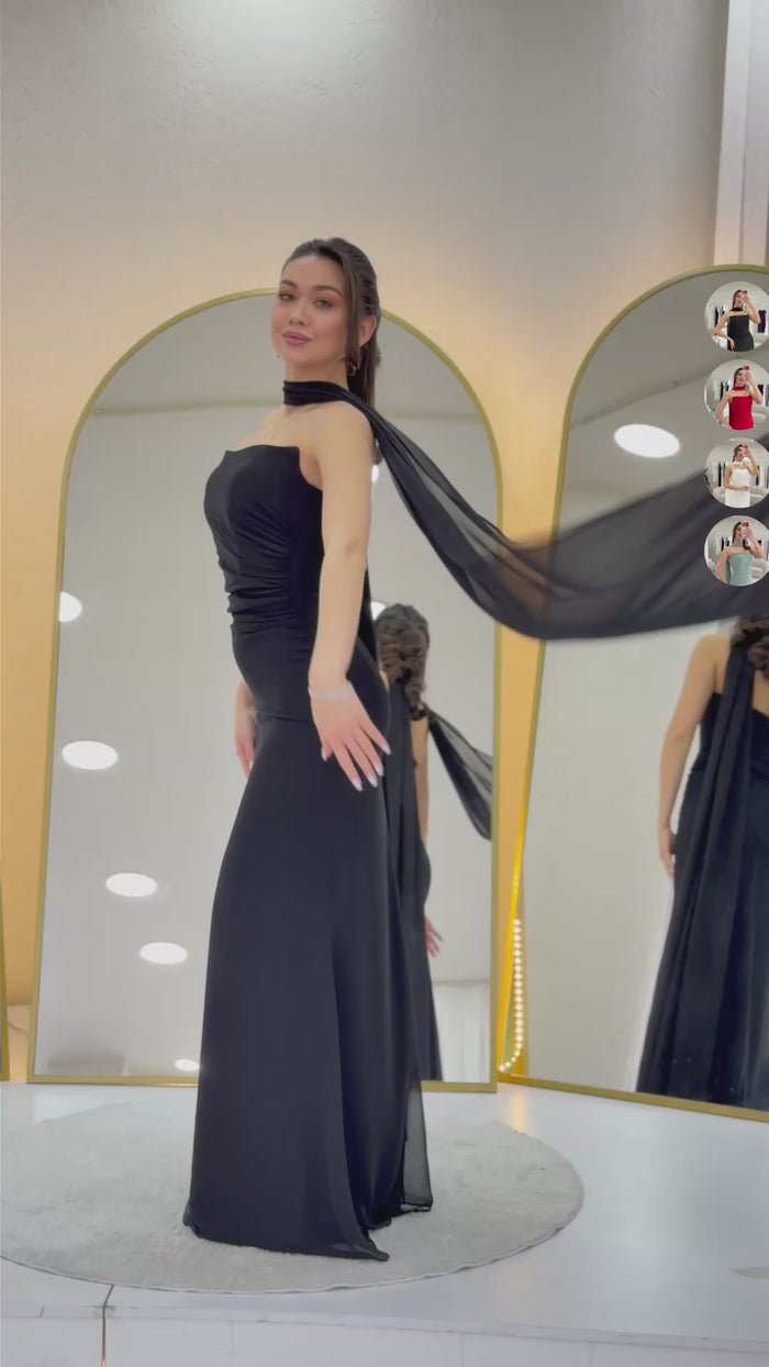 Beyaz Straplez Drapeli Fularlı Nikah Abiye Elbise