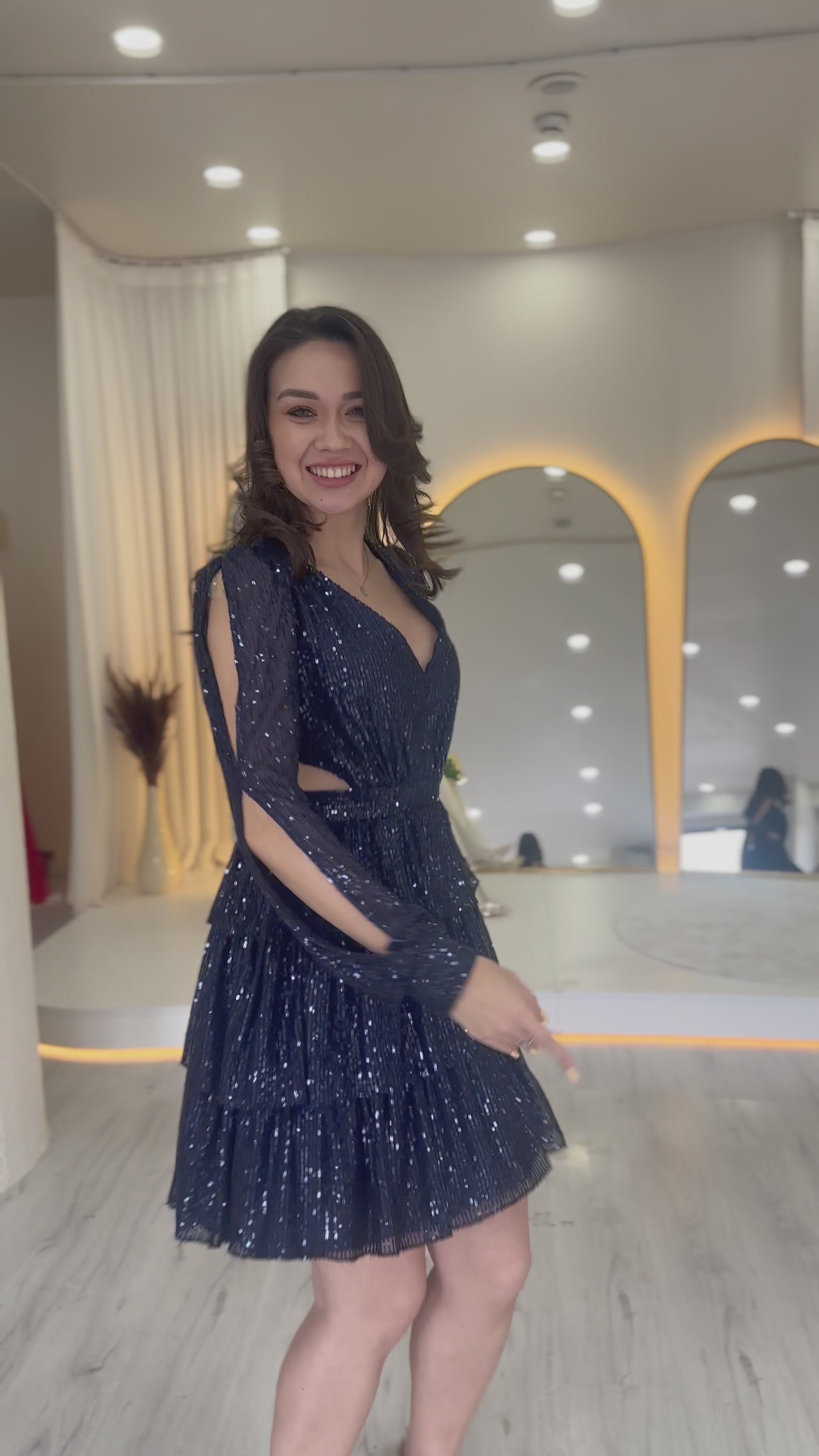 Pul Payet Sırt Dekolteli Mini After Abiye Elbise Gümüş, Saks, Bej, Kırmızı, Siyah