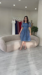 İndigo Balon Kol Simli Kloş Midi Boy Abiye Elbise