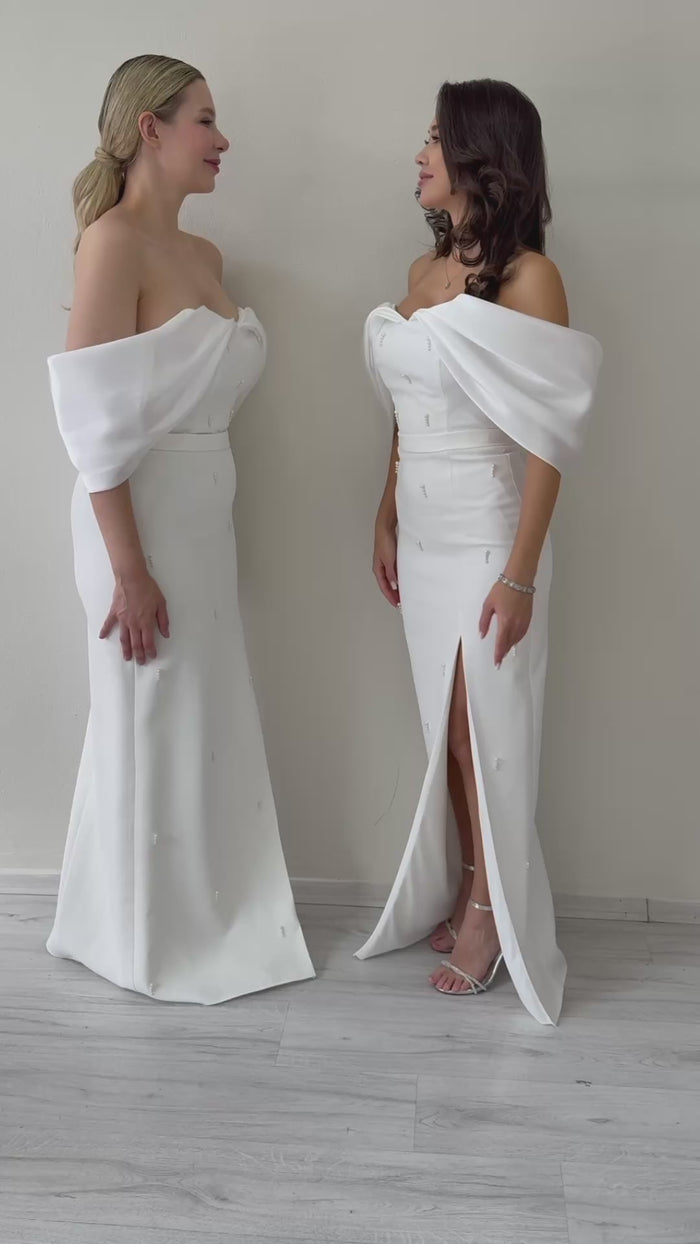  Kayık Yaka Boncuk Detay Yırtmaçlı  Nikah Abiye  Elbise