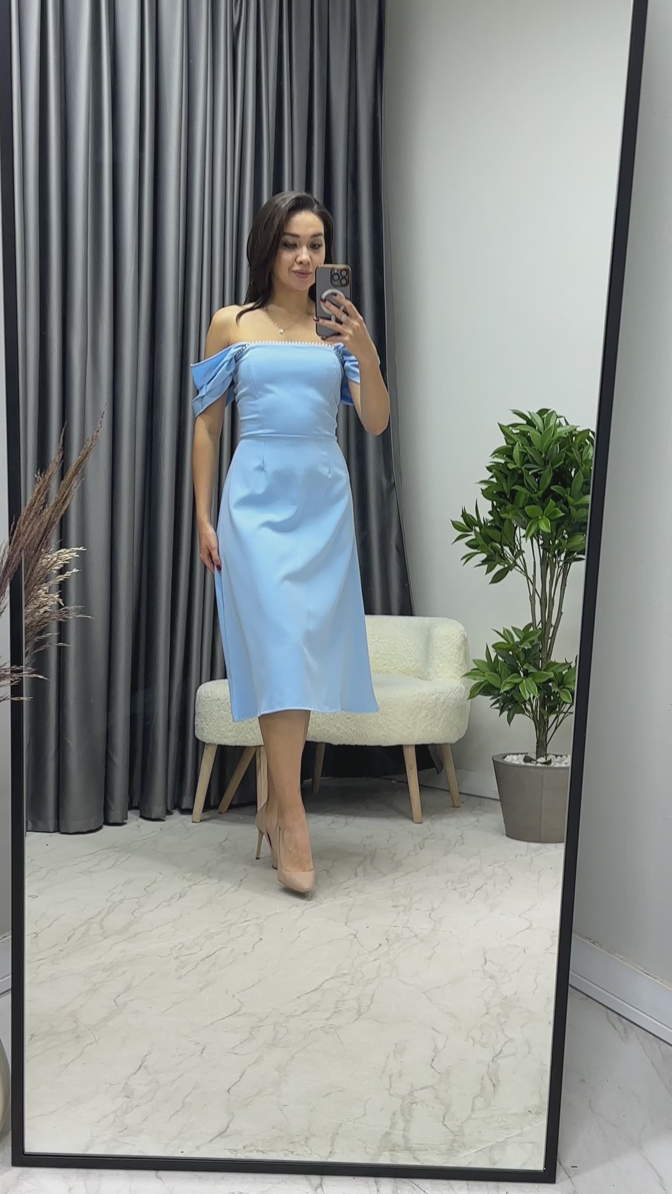 Kadın Bebe Mavisi Kloş İnci Detay Elbise