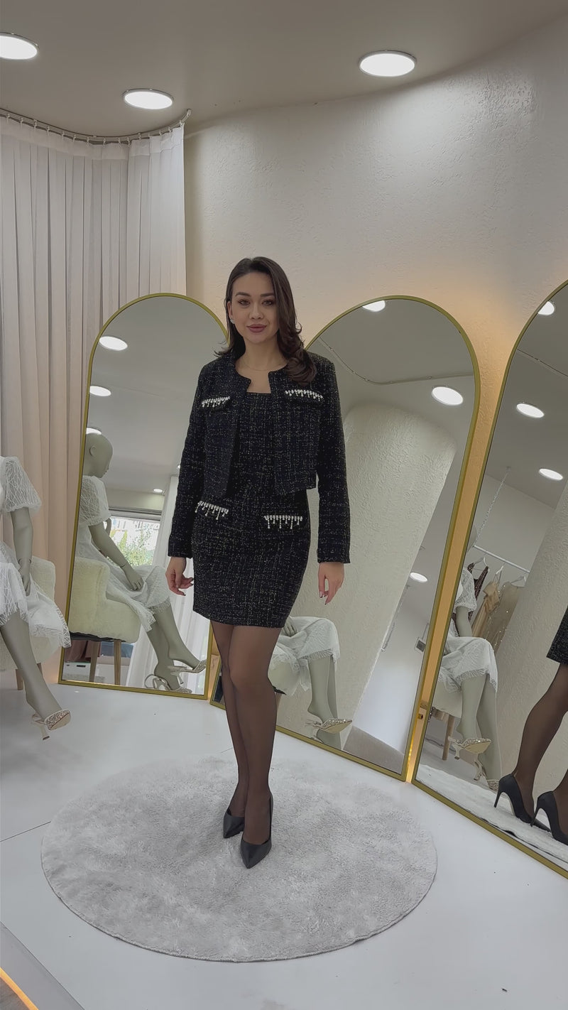 Taş Detaylı Ceket Elbise Tüvit İkili Takım