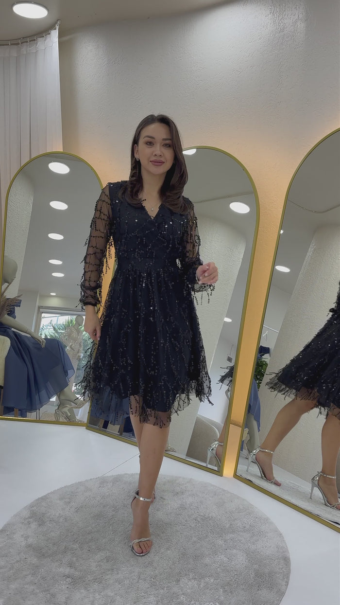 Kadın V Yaka Pul Payet Büyük Beden Abiye Elbise-Siyah