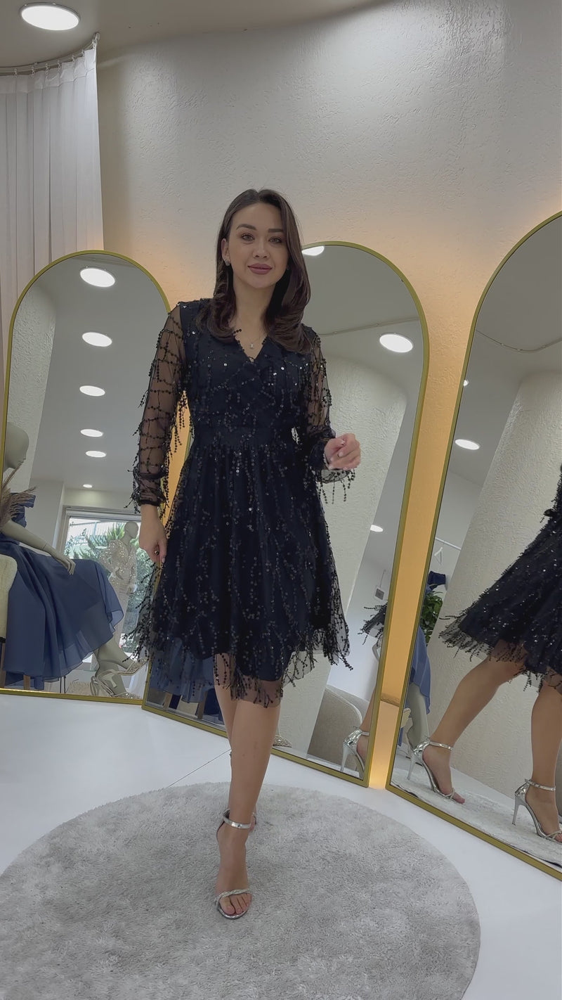 Kadın V Yaka Pul Payet Büyük Beden Abiye Elbise-Siyah