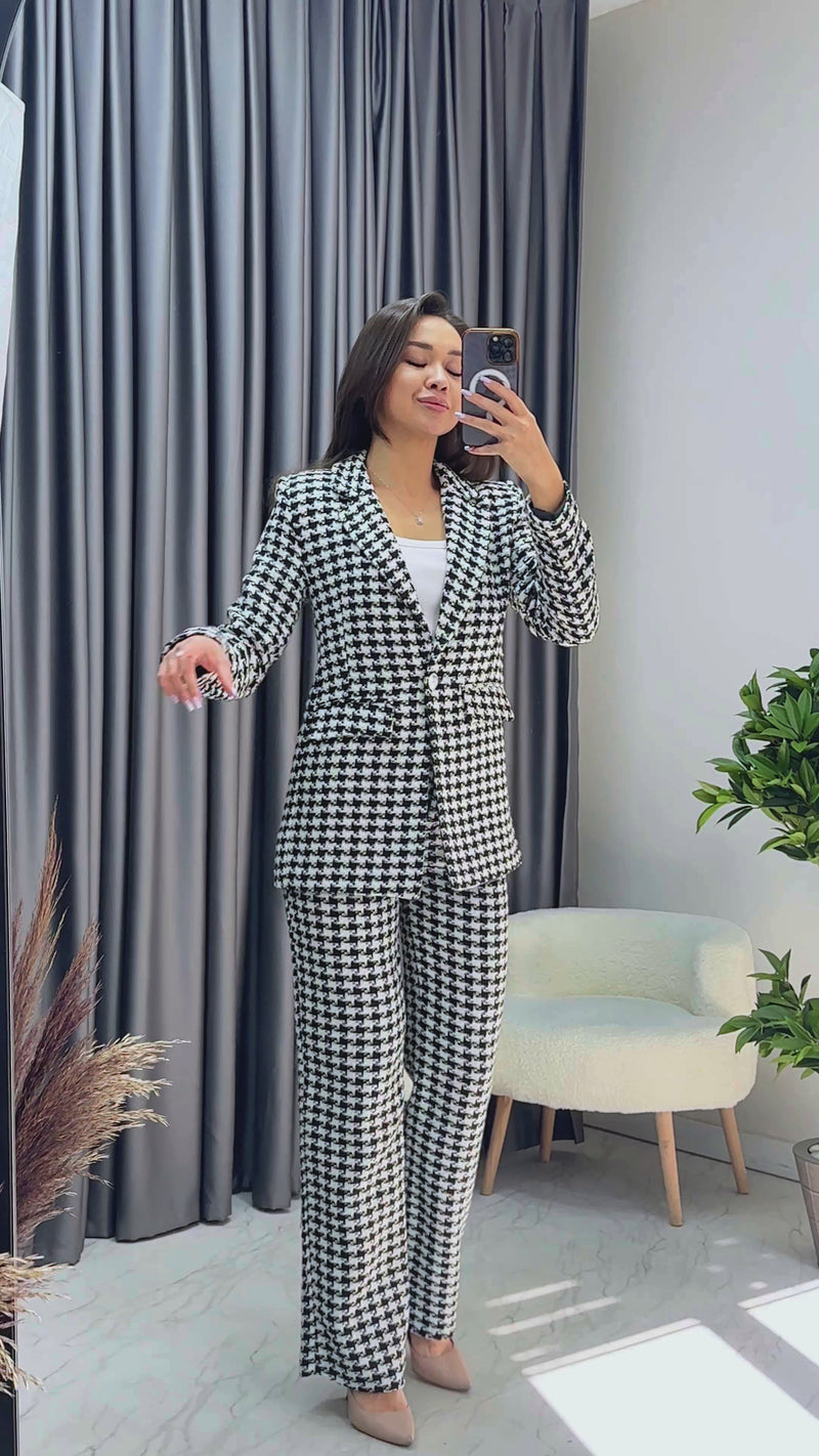 Siyah Beyaz Kazayağı Ceket Pantolon İkili Takım