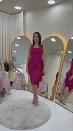 Fuşya Pul Payet Kalın Askılı Midi Boy FırFır Detaylı Abiye Elbise