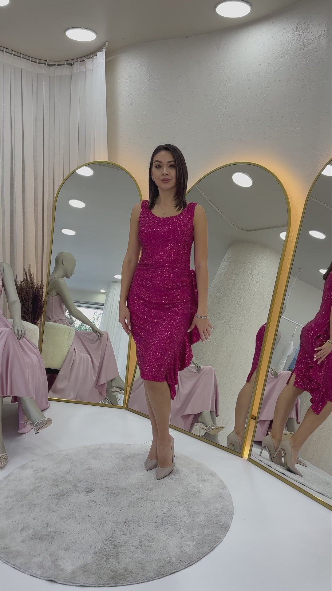 Fuşya Pul Payet Kalın Askılı Midi Boy FırFır Detaylı Abiye Elbise