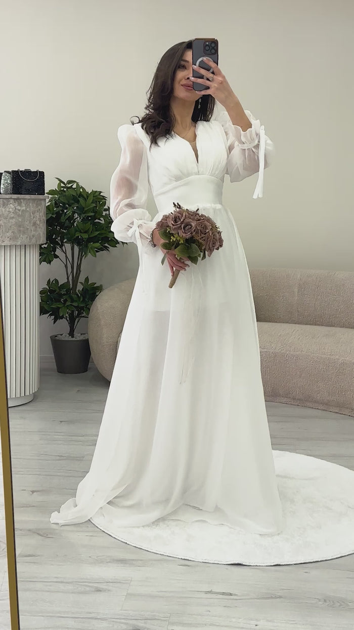 Asimetrik Etek Beyaz Karpuz Kol Prenses V Yaka Abiye Elbise