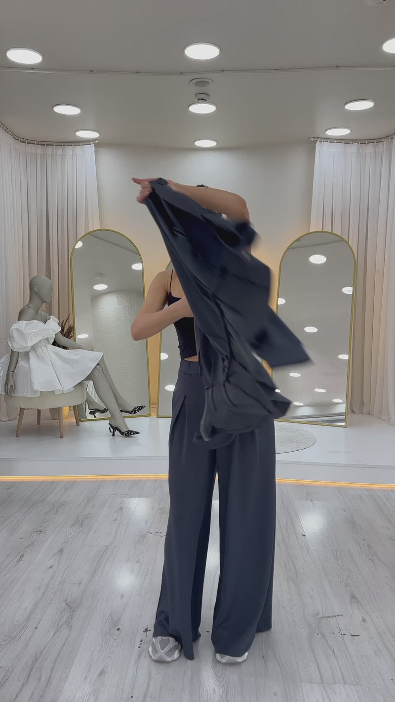 Fermuarlı Kemer Detay Geniş Paça Modal İkili Takım