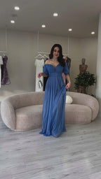 Kadın İndigo Kısa Kol Drapeli Abiye Elbise