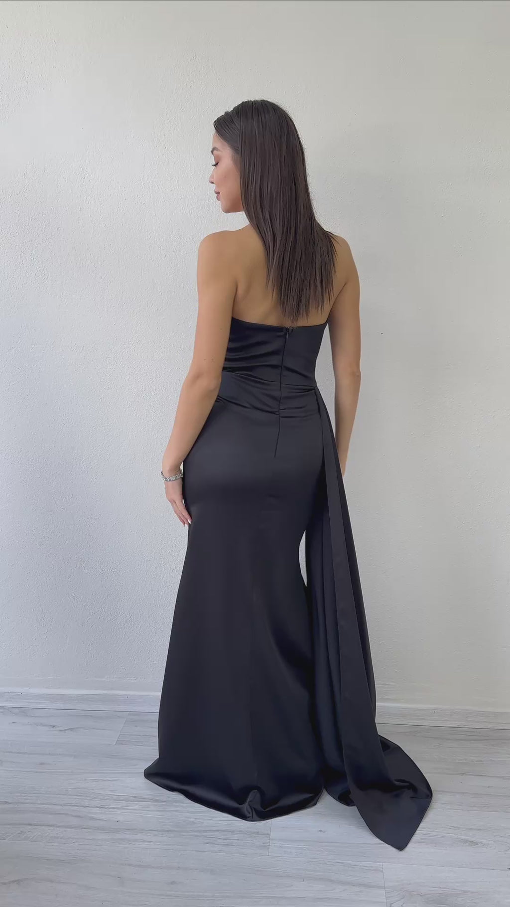 Straplez Drapeli Tasarım Saten Abiye Elbise