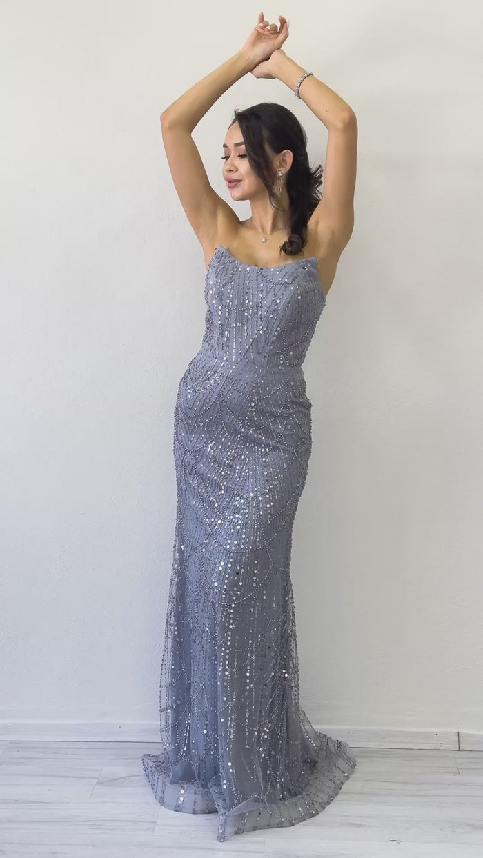 Kadın Gri Straplez Payet İşlemeli Uzun 