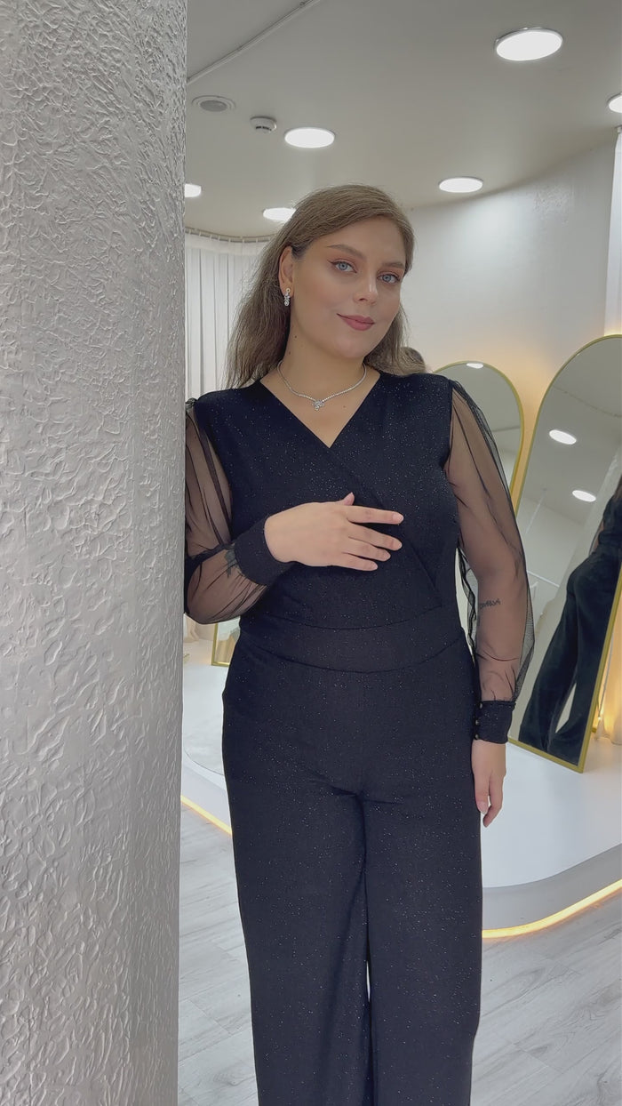 Simli Kruvaze Yaka Tül Kol Abiye