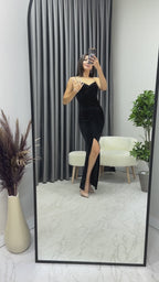 Kadın Siyah Taş İnce Askılı Yırtmaçlı Kadife Yeni Sezon Abiye Elbise

