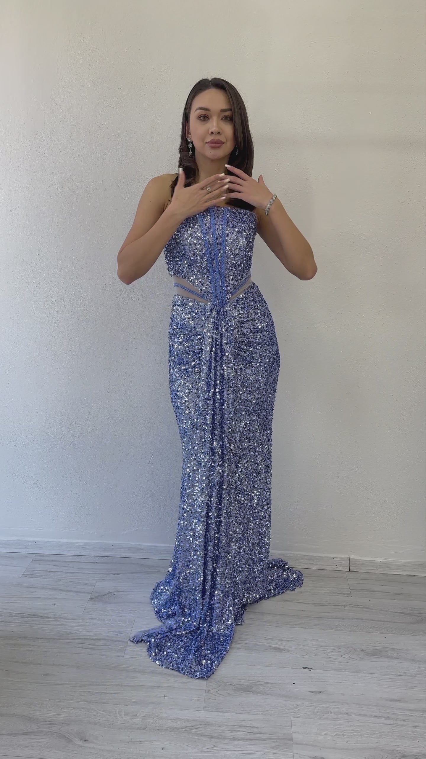 Straplez Bel Dekolteli Pul Payet Abiye Elbise