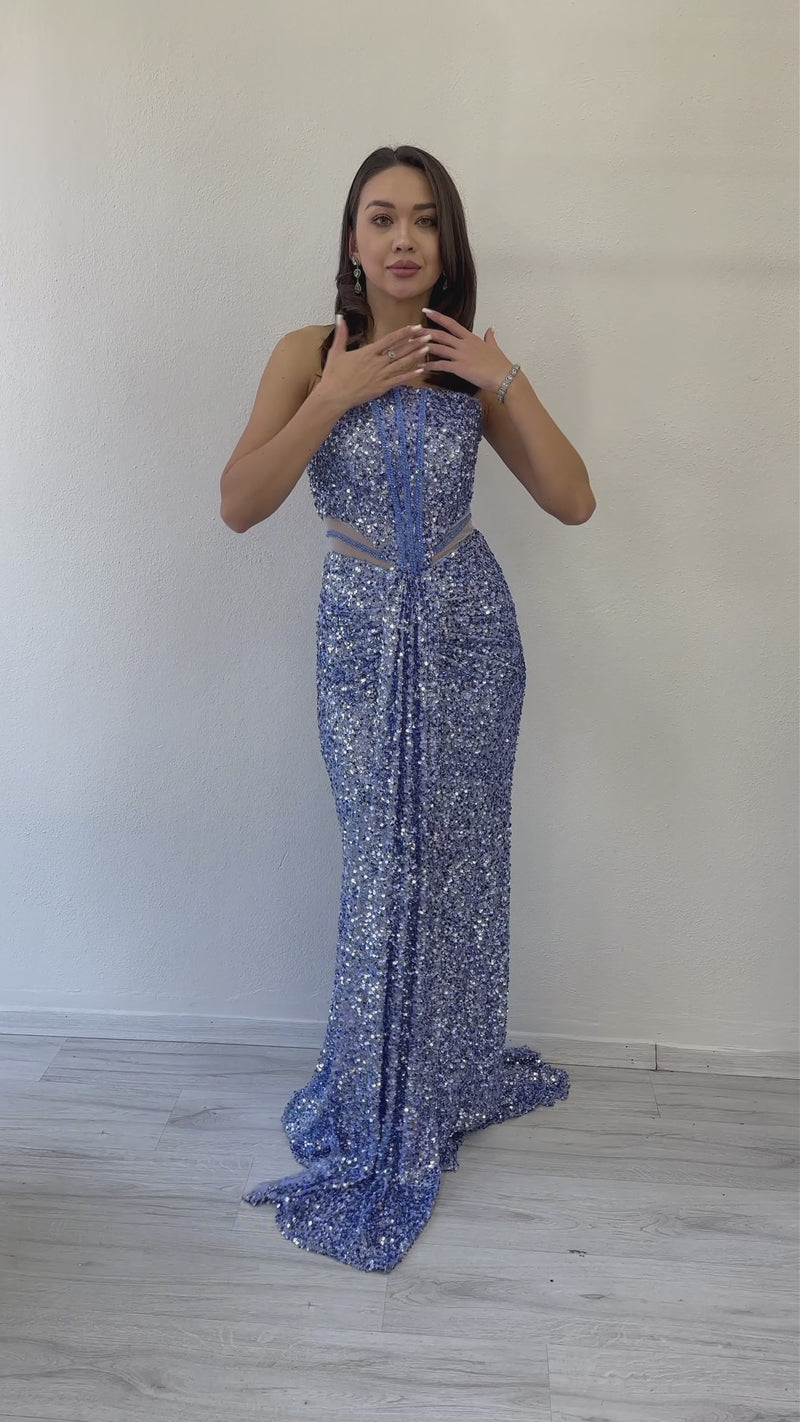 Straplez Bel Dekolteli Pul Payet Abiye Elbise