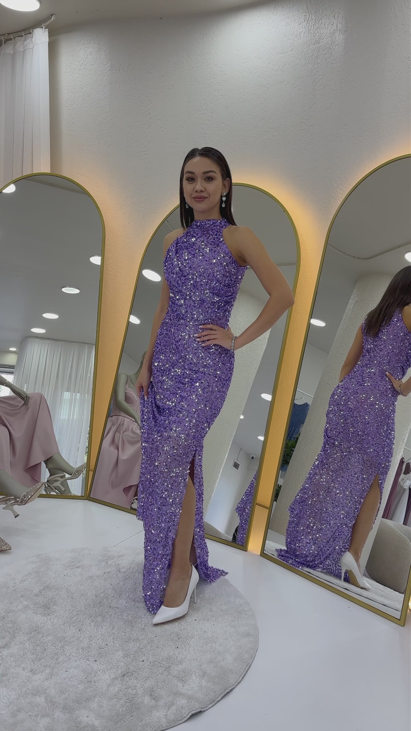 Halter Yaka Pul Payet Kuyruklu Abiye Elbise