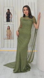 Kadın Gold Straplez Pelerinli Balık Abiye Elbise