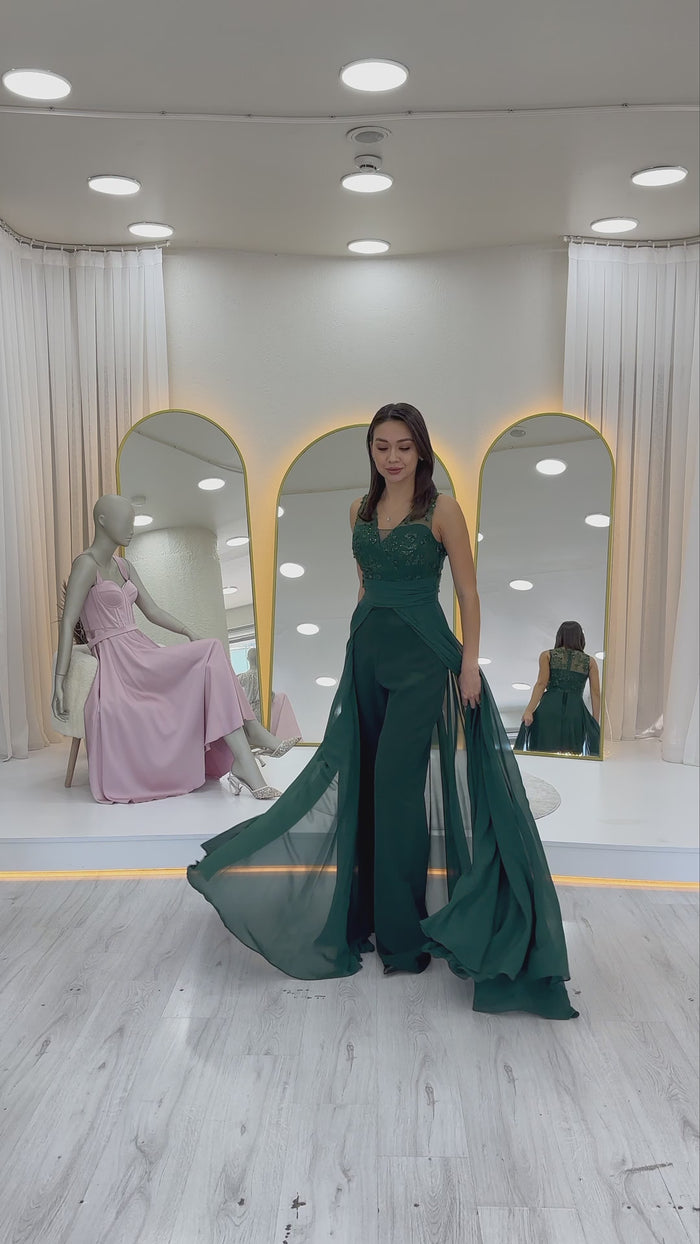 Yeşil V Yaka İşlemeli Kuyruklu Abiye Tulum