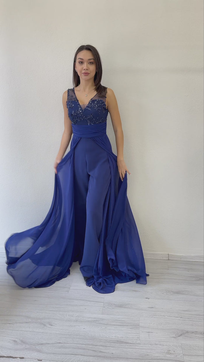 Lacivert V Yaka İşlemeli Kuyruklu Abiye Tulum