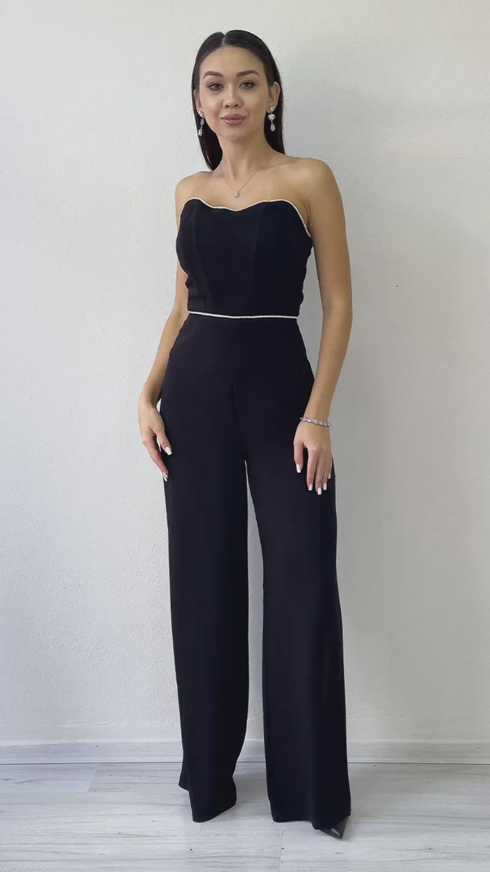  Siyah Taş Detaylı Straplez Tulum