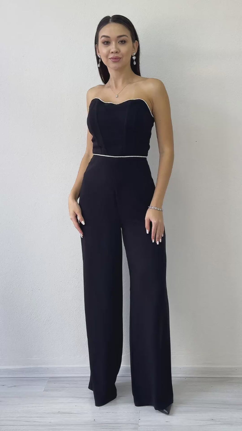  Siyah Taş Detaylı Straplez Tulum