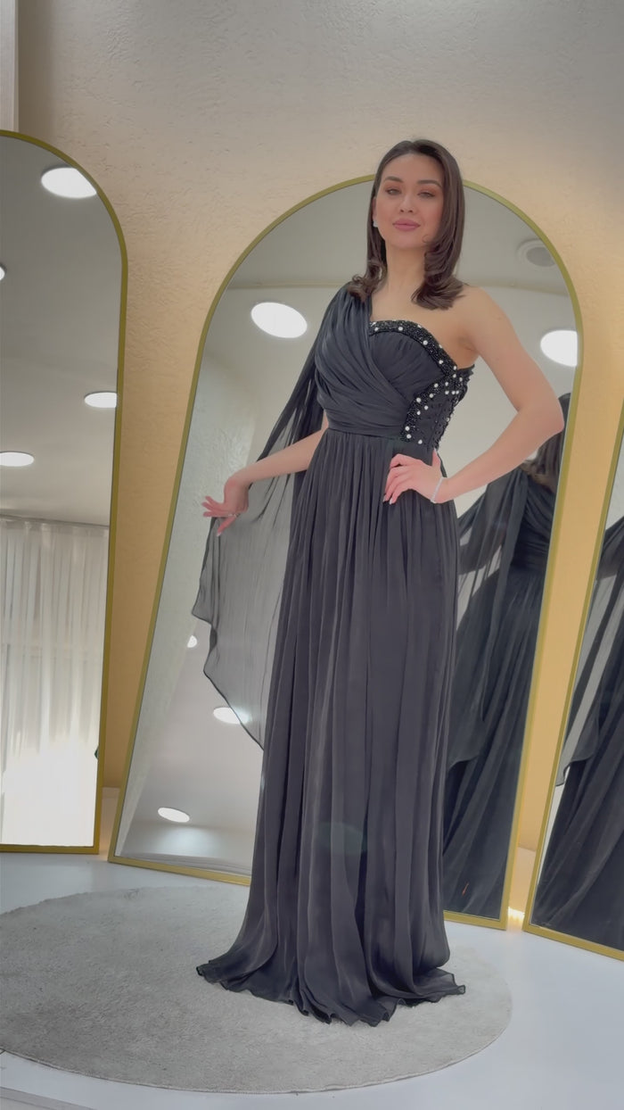 Su Yeşili Tek Omuz Pelerinli Drapeli Taş Detaylı Abiye Elbise