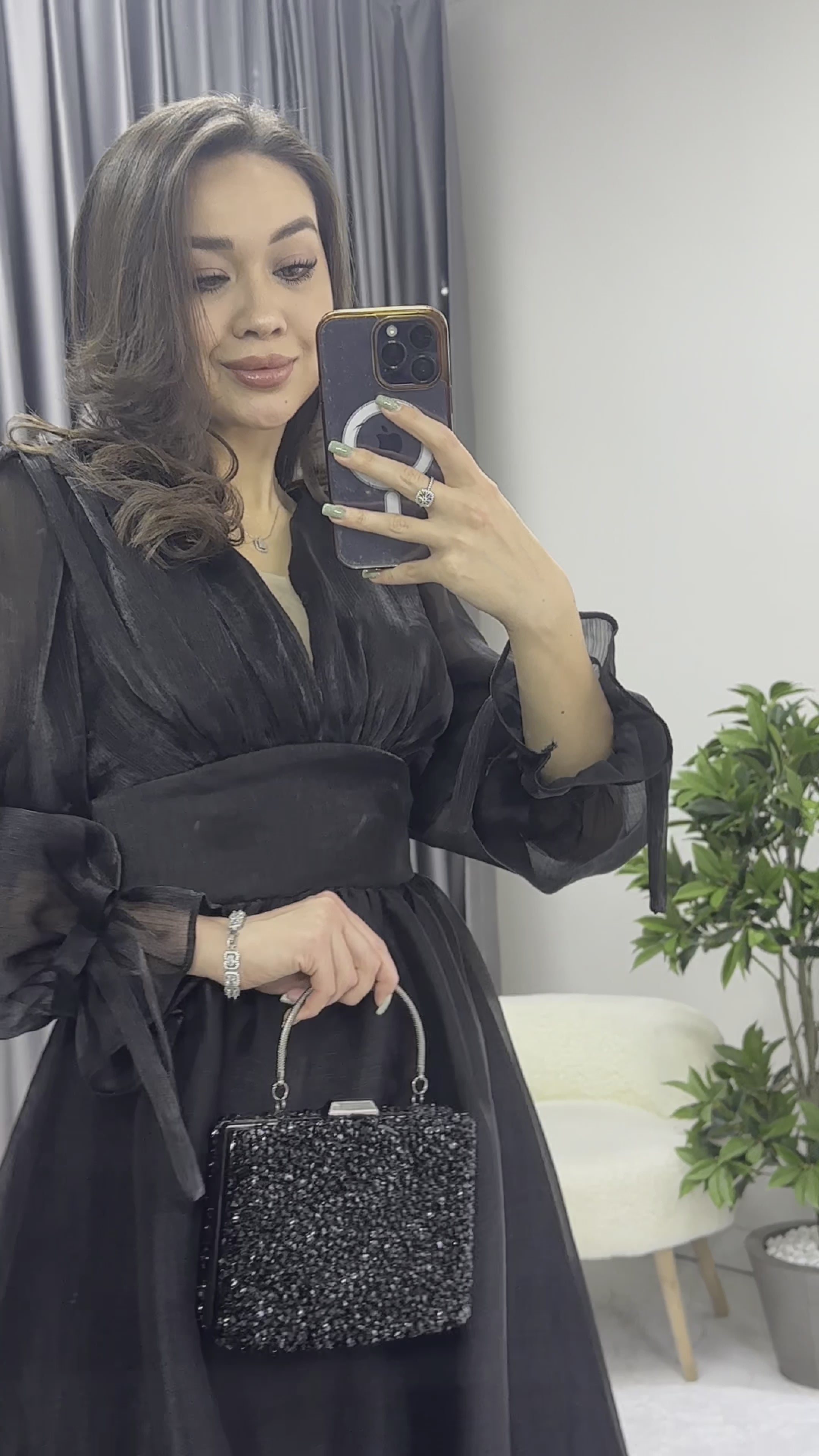 Asimetrik Etek Siyah Karpuz Kol Prenses V Yaka Abiye Elbise