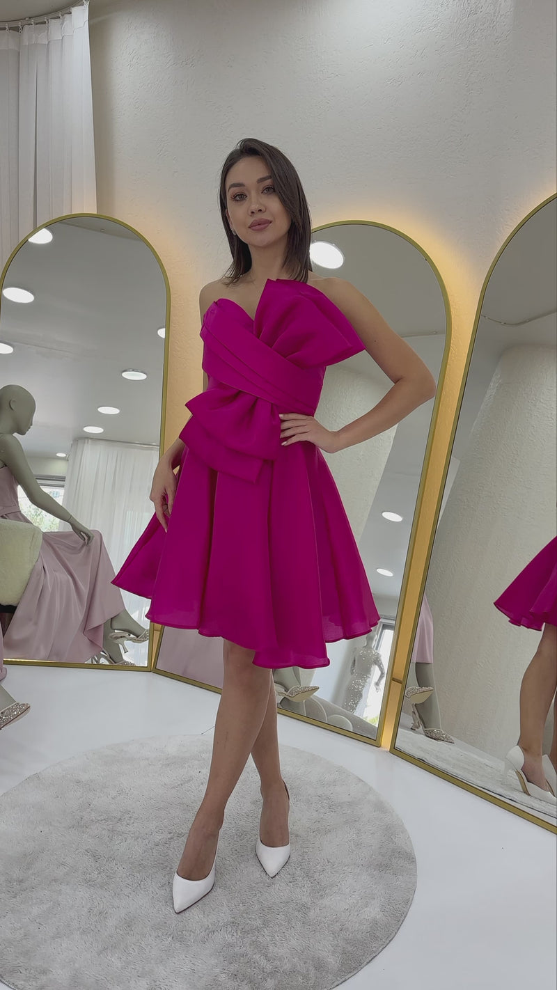 Fuşya Fiyonklu Straplez Mini Kloş Abiye Elbise
