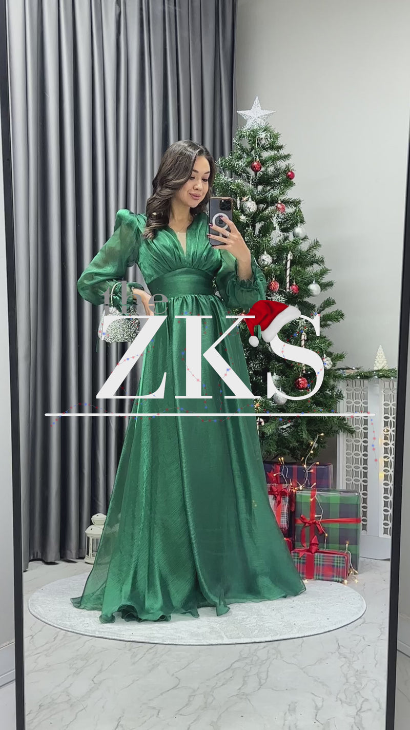 Zümrüt Yeşili Karpuz Kol Prenses V Yaka Abiye Elbise