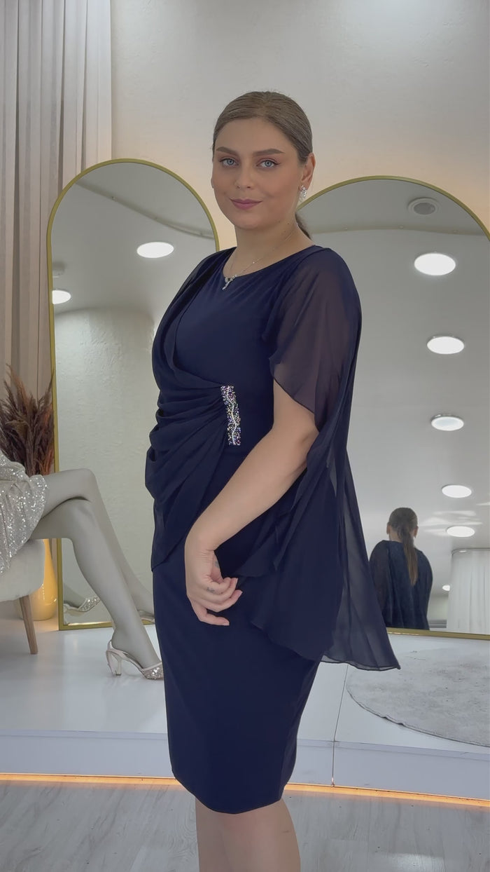 Büyük Beden Midi Boy Şifon Pelerinli Abiye Elbise