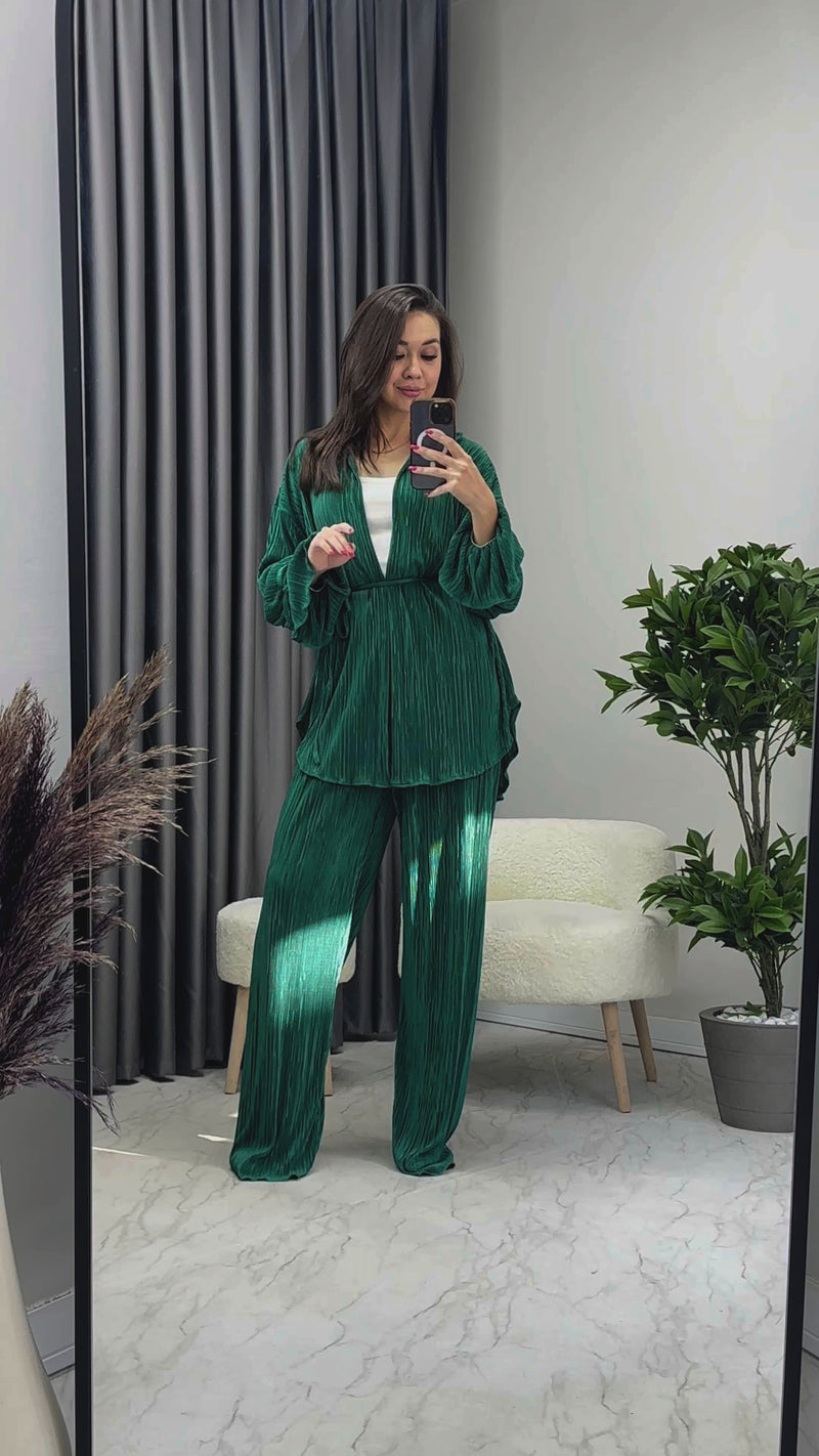 Kadın Zümrüt Krinkıl Fitilli Kimono Pantolon Takım