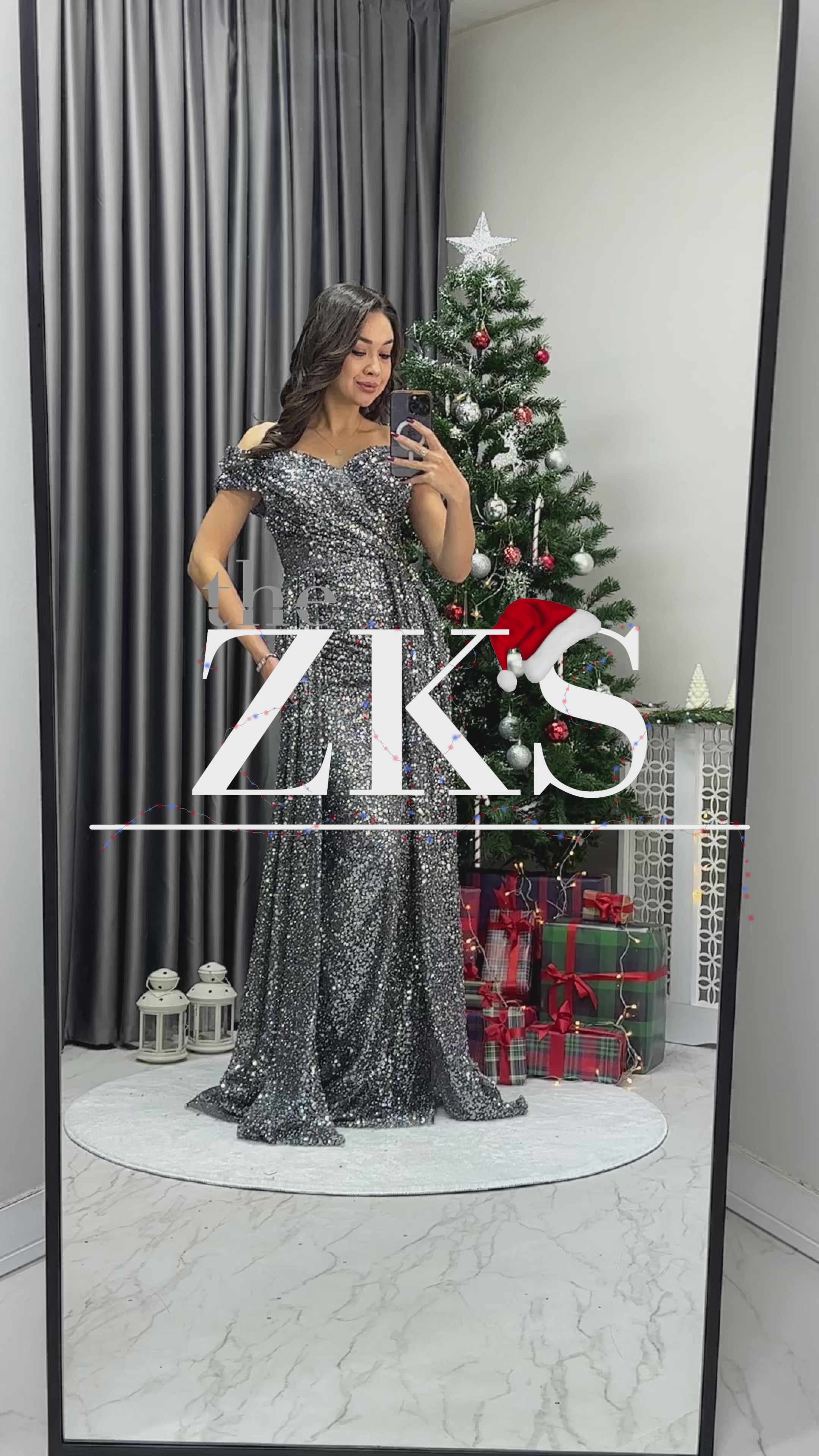 Gri Düşük Omuz Pul Payetli Kalp Yaka Kuyruklu Abiye Elbise