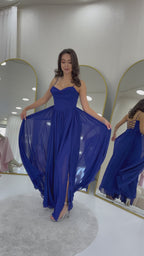 Saks Mavi Sırt Dekolteli Korse Detay Yırtmaçlı Şifon Abiye Elbise