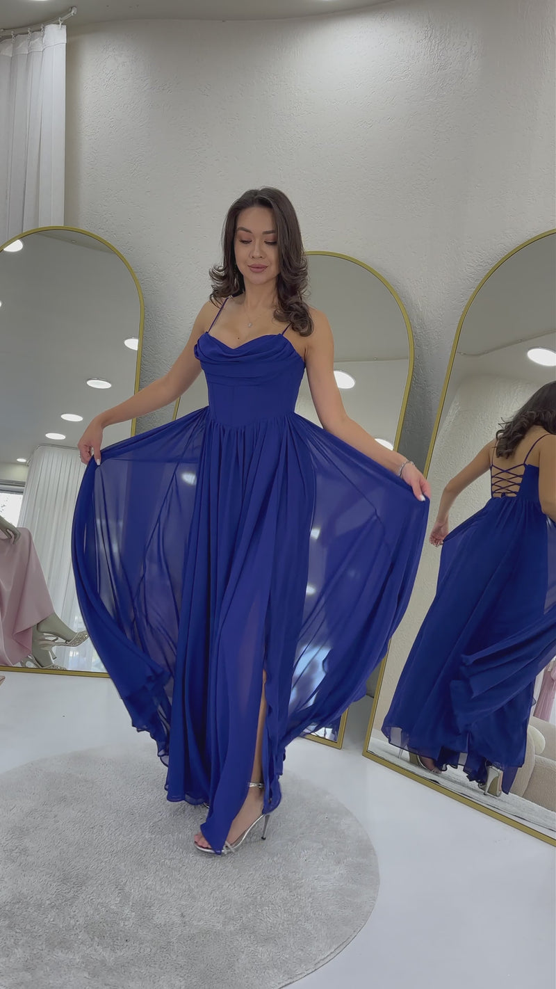 Saks Mavi Sırt Dekolteli Korse Detay Yırtmaçlı Şifon Abiye Elbise