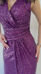 Kruvaze Yaka Payet Tasarım Sıfır Kol Yırtmaçlı Balık Abiye Elbise