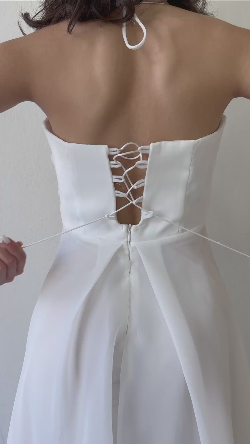 Kadın Beyaz Drapeli Boyundan Bağlamalı Fiyonk Kol Detay