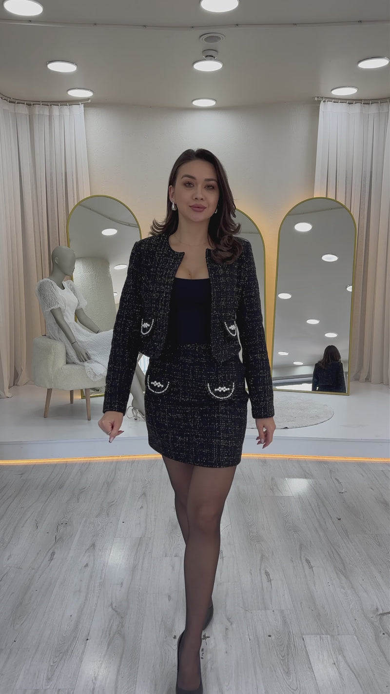 İnci Detaylı Ceket Etek İkili Takım
