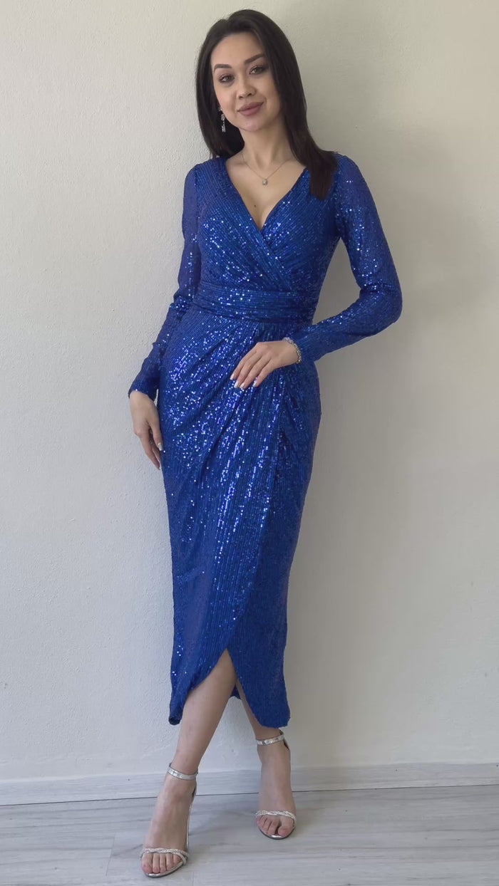 Saks Kruvaze Yaka Payet Tasarım Uzun Kollu Abiye Elbise