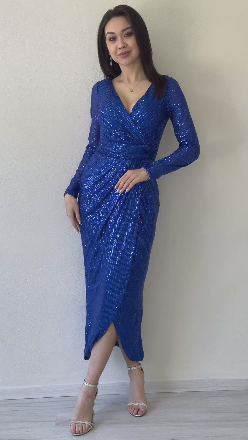 Saks Kruvaze Yaka Payet Tasarım Uzun Kollu Abiye Elbise