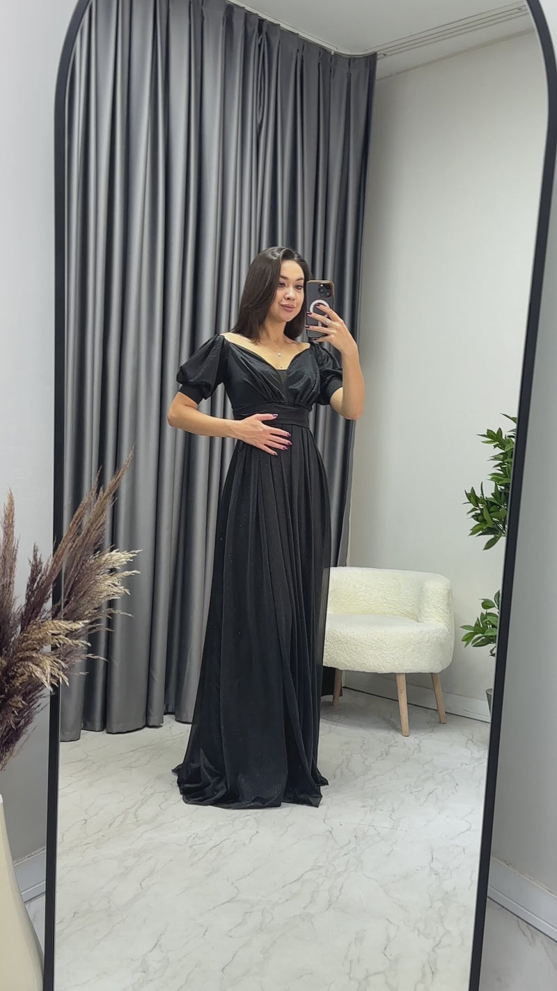 Kadın Siyah Kısa Kol Drapeli Abiye Elbise