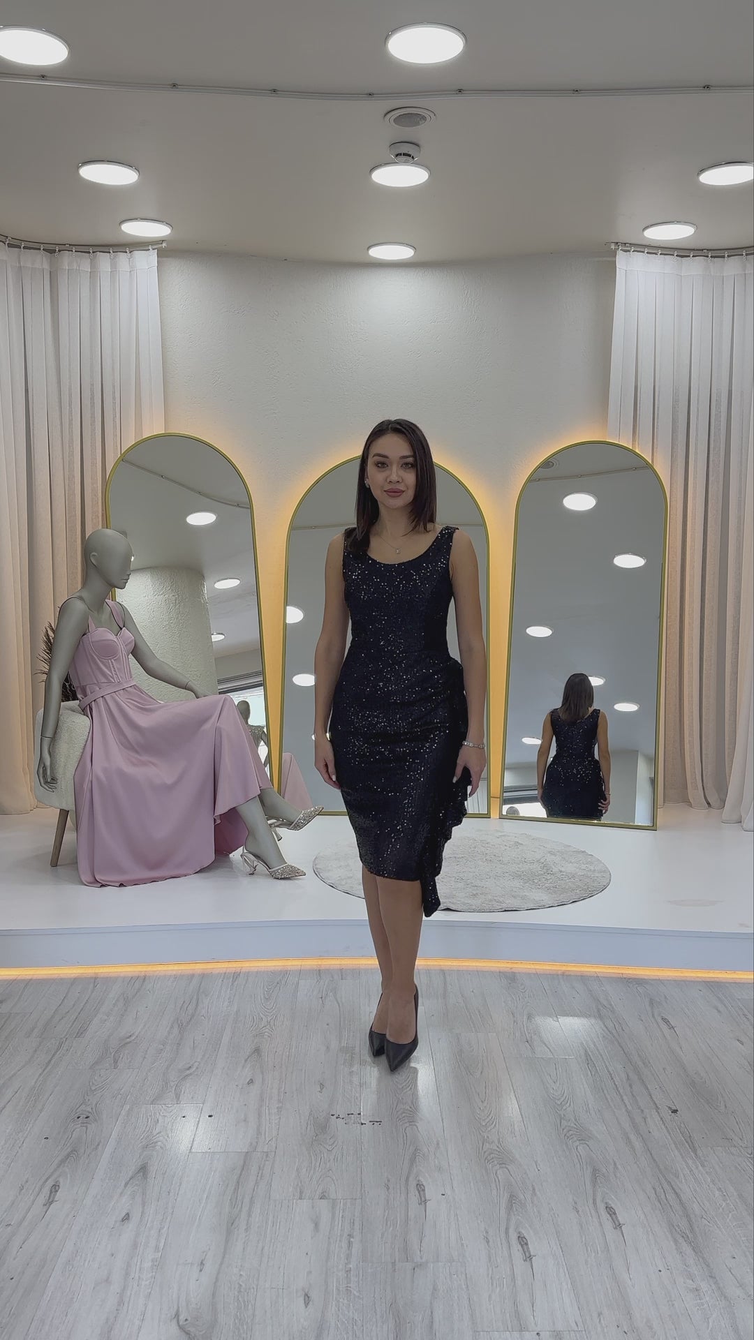 Siyah Pul Payet Kalın Askılı Midi Boy FırFır Detaylı Abiye Elbise