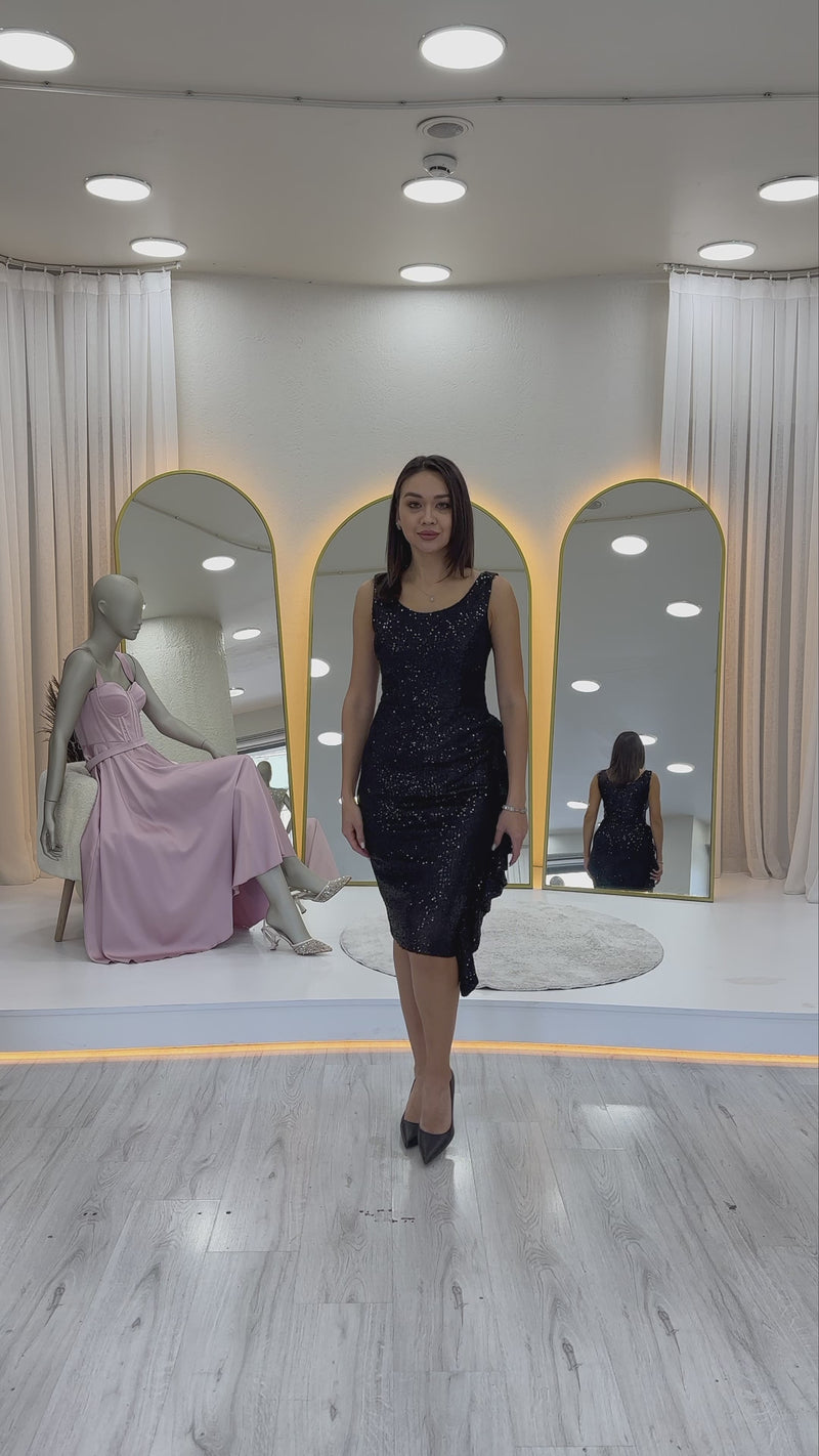 Siyah Pul Payet Kalın Askılı Midi Boy FırFır Detaylı Abiye Elbise