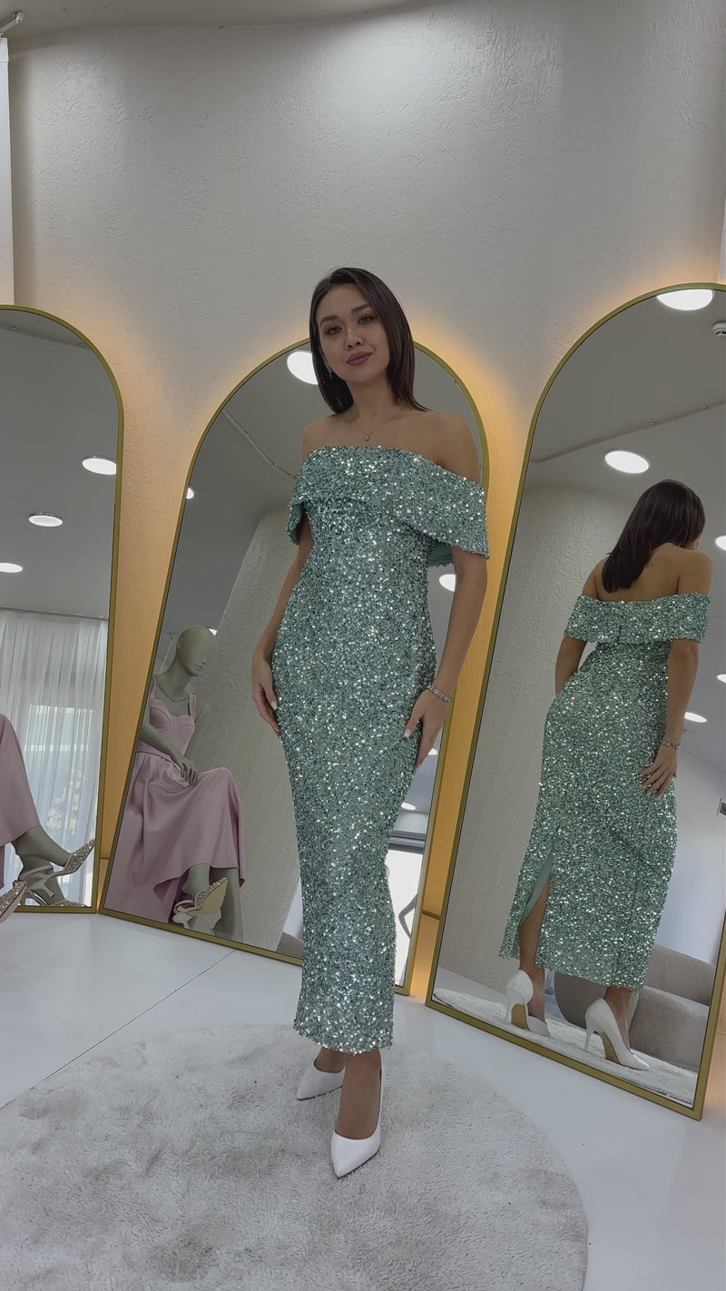 Kadın Su Yeşili Madonna Yaka Pul İşlemeli Kalem Midi Boy Abiye Elbise