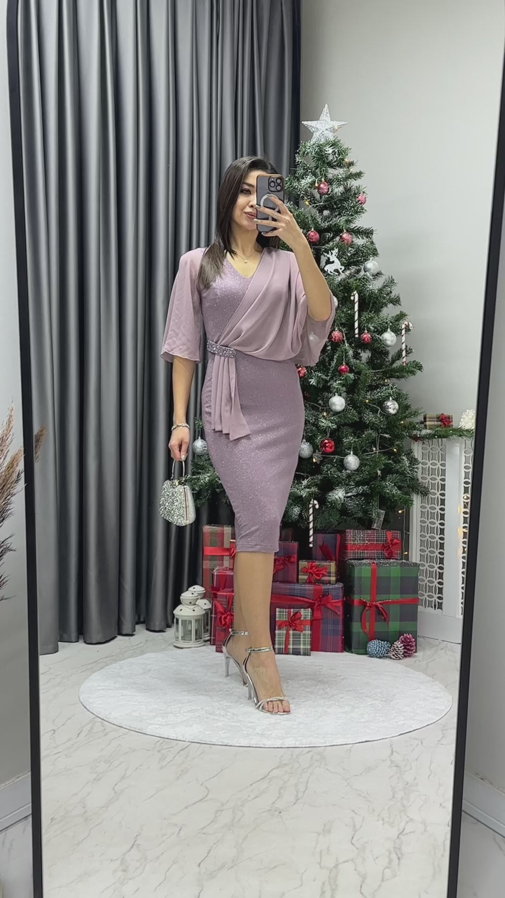 Pudra Taş Detaylı Volan Kol Simli Abiye Elbise