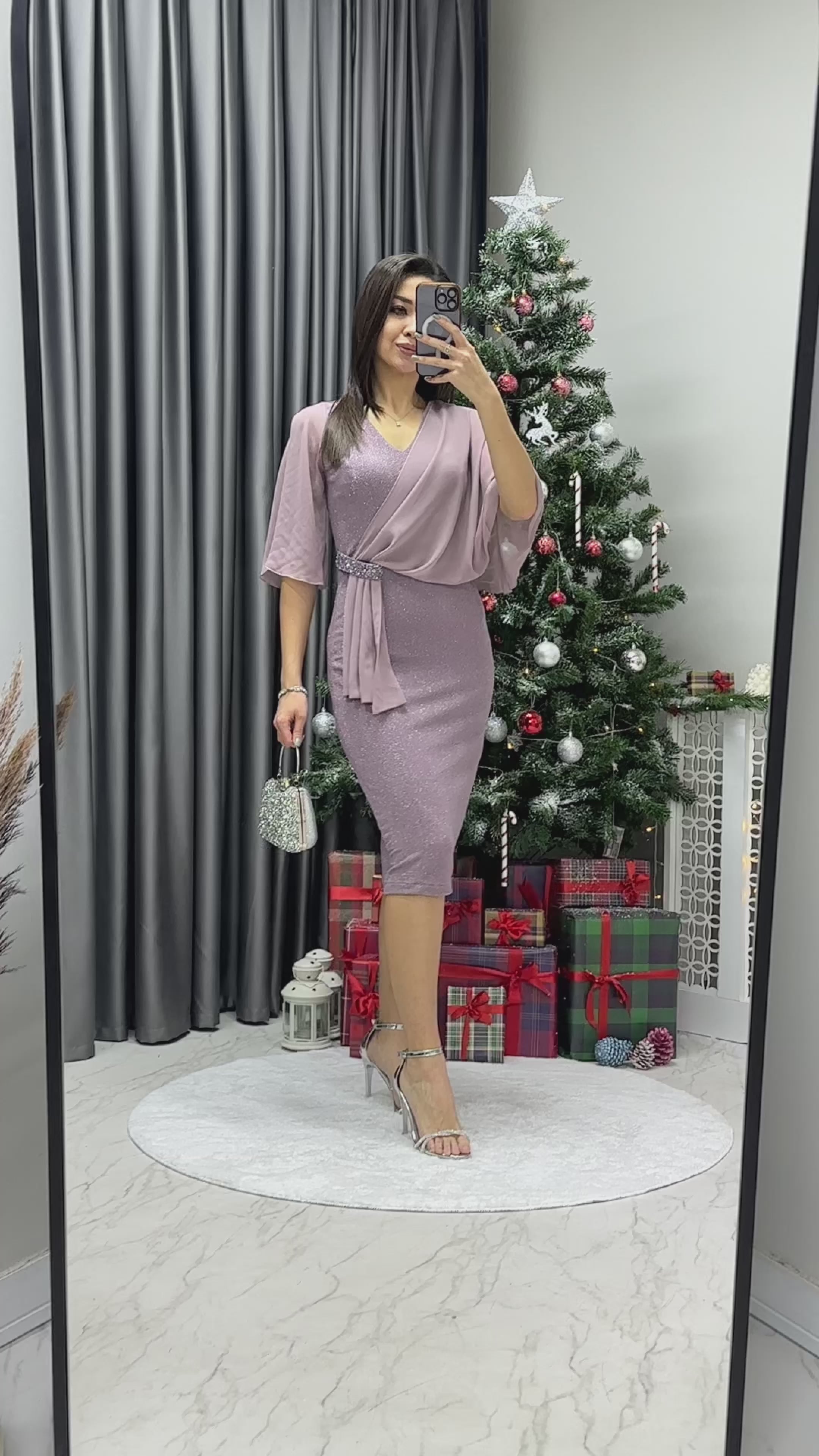 Pudra Taş Detaylı Volan Kol Simli Abiye Elbise