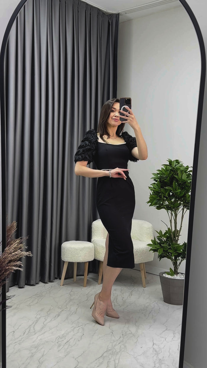 Siyah İnci detay Kalem Prenses Kol Tasarım Elbise